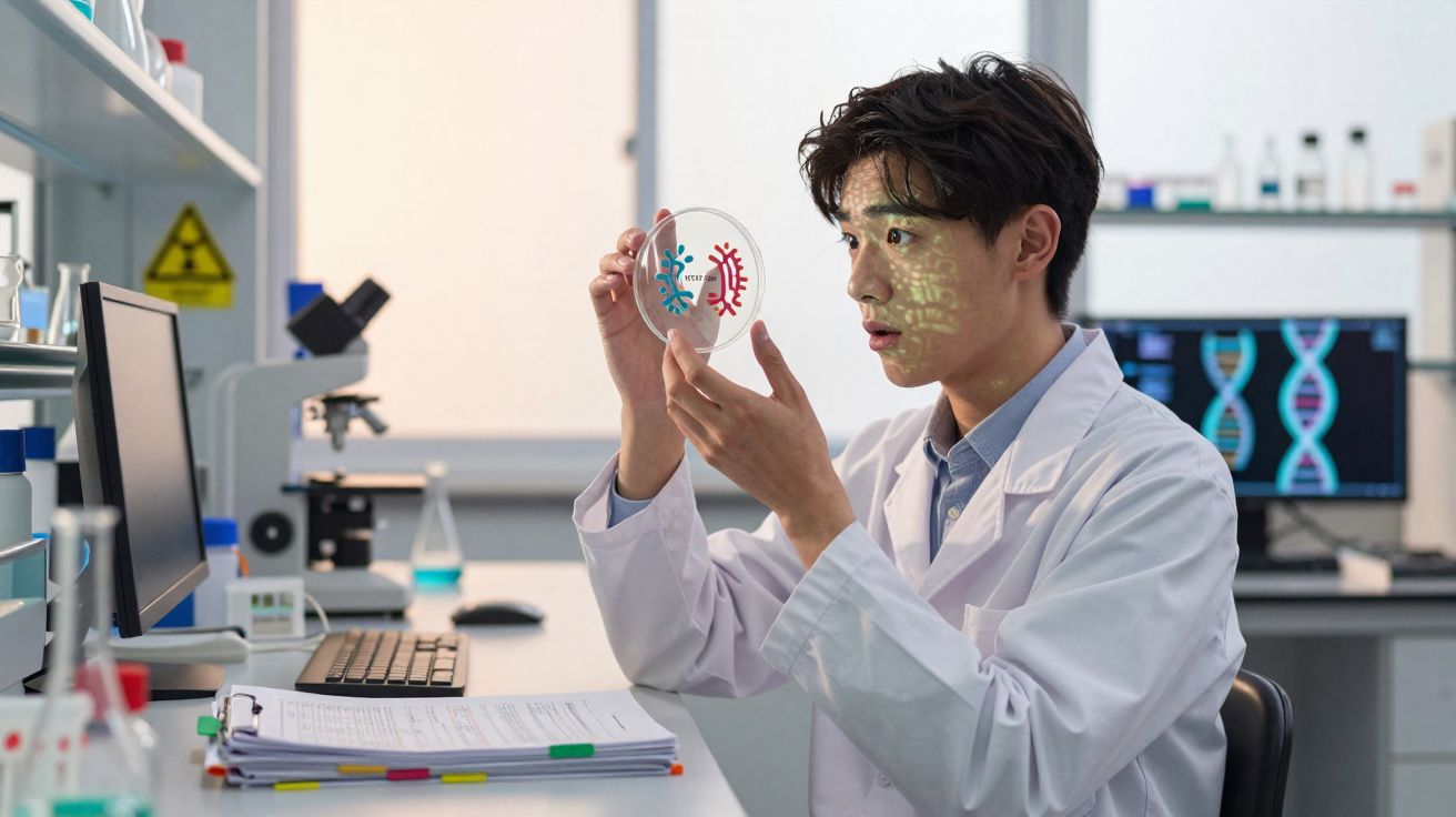 Cientista em laboratório a analisar placa de Petri com gráficos de vírus, computador com DNA ao fundo.