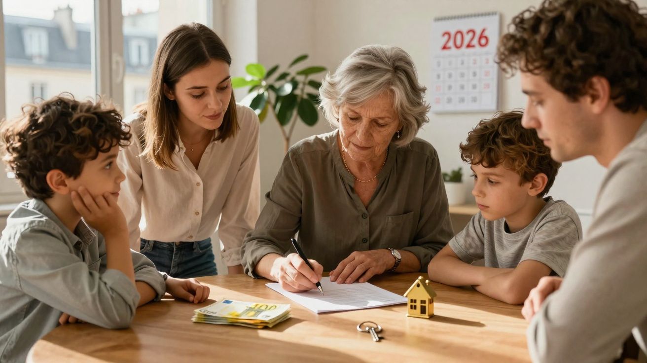 Sénior a assinar documentos à mesa rodeada por dois adultos e duas crianças, com notas e chave na mesa.