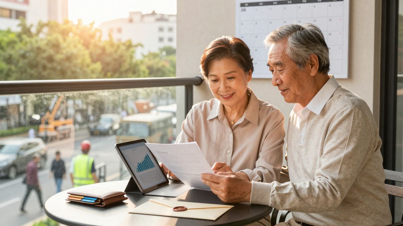 Casal idoso asiático analisa documentos e gráficos numa mesa exterior com vista para a rua.