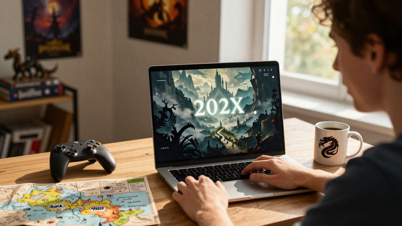 Pessoa a jogar videojogo de fantasia num portátil com comando, mapa e caneca numa secretária de madeira.