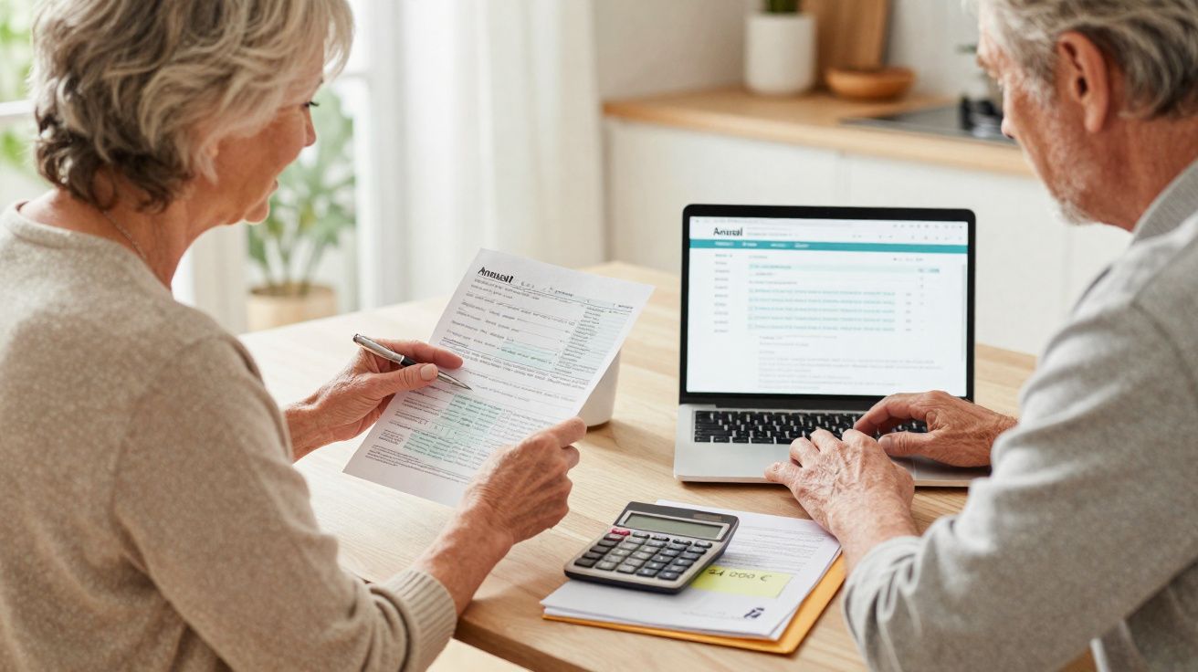 Casal sénior a analisar documentos e contas num computador portátil numa mesa de madeira.
