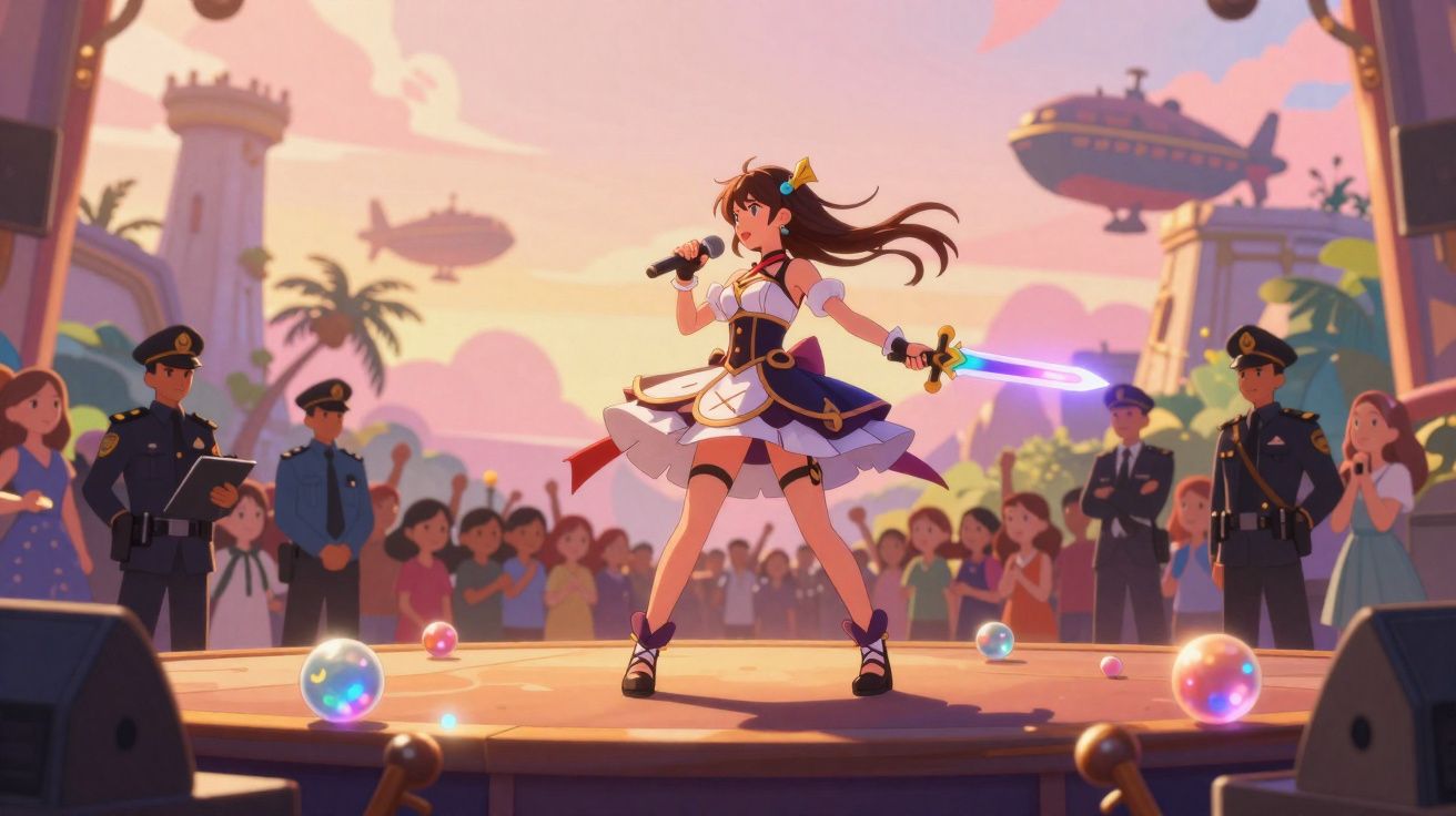 Jovem cantora anime em palco com espada luminosa, rodeada de público e polícias ao pôr do sol.