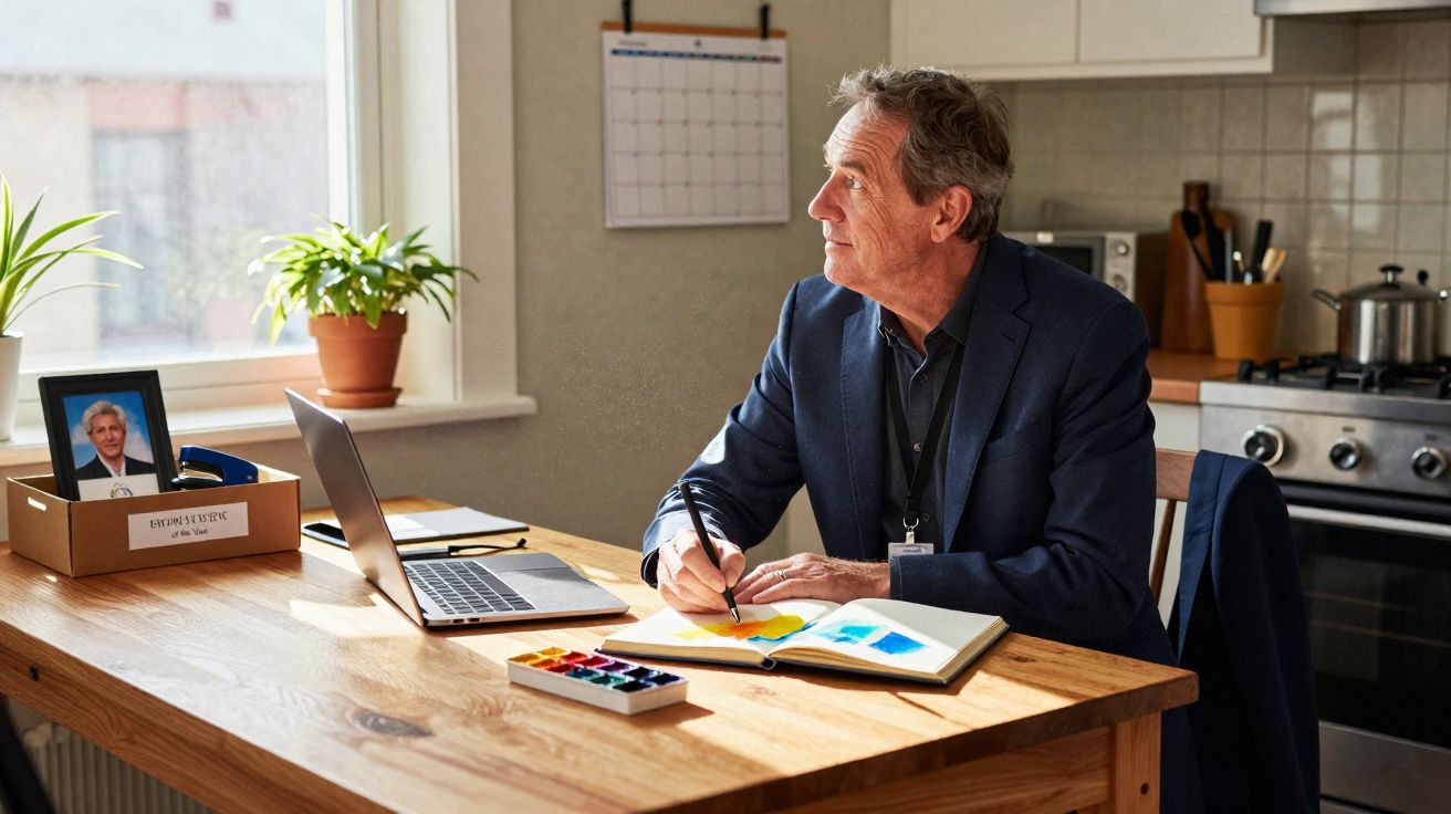 Homem sentado à mesa a pintar num caderno, com computador portátil aberto e planta junto à janela numa cozinha.