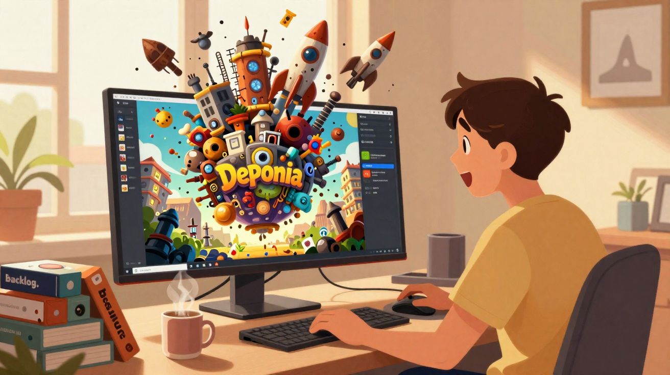 Rapaz a jogar no computador com imagem colorida do jogo Deponia na ecrã num quarto iluminado.