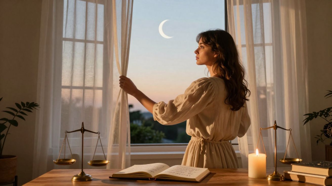 Mulher a olhar pela janela ao entardecer, com vela acesa, balança da justiça e livro aberto numa mesa.