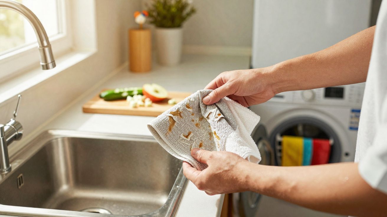 Pessoa a secar um pano de cozinha junto a uma pia num ambiente doméstico iluminado.
