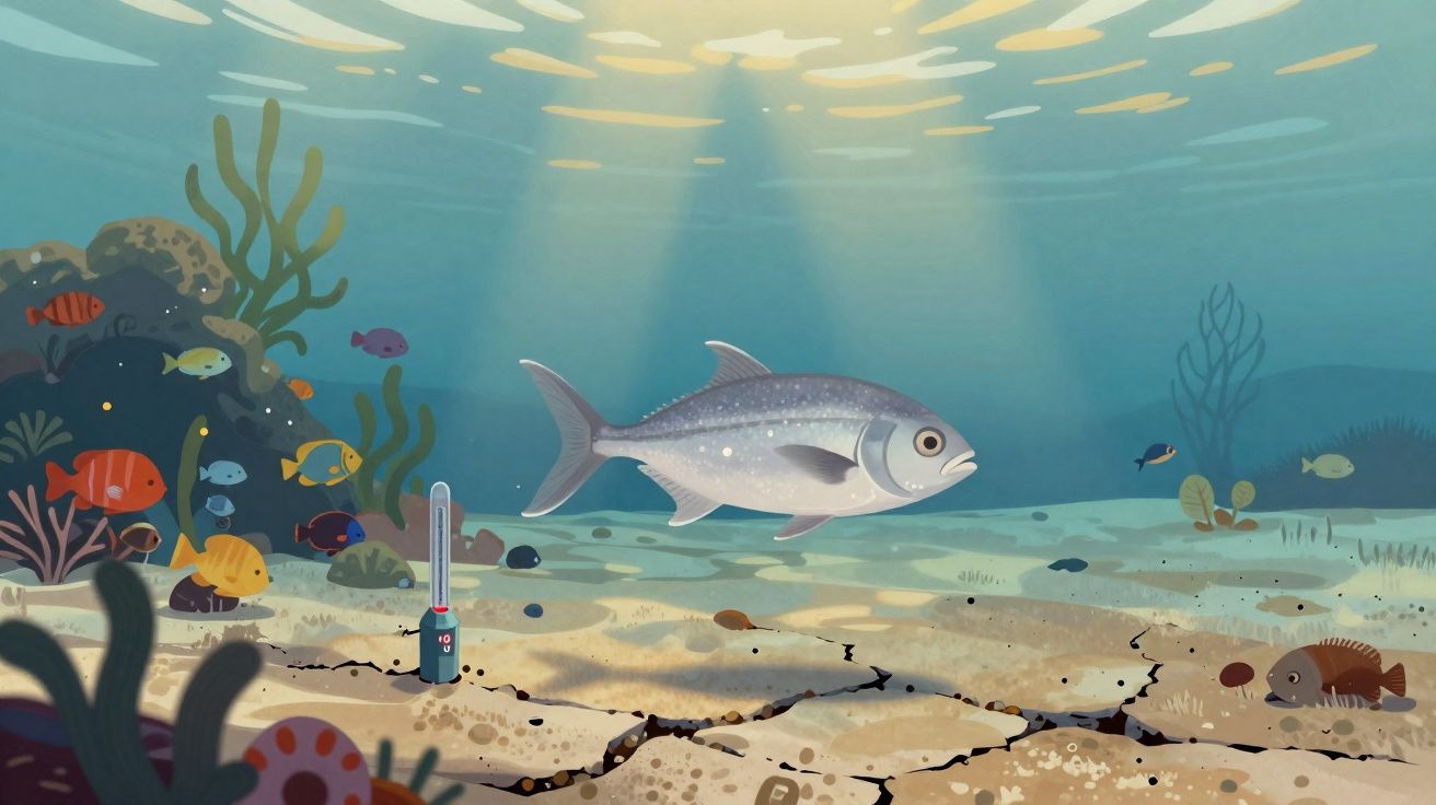 Peixe cinzento nadando num fundo marinho com corais, peixes coloridos e raios de sol a atravessar a água.