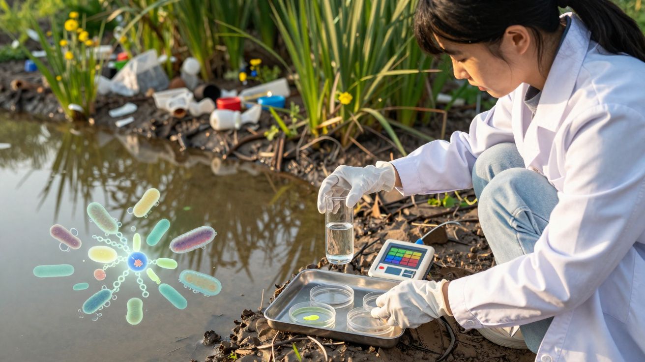 Mulher cientista analisa amostras de água poluída num lago com lixo e vegetação, usando luvas e bata branca.