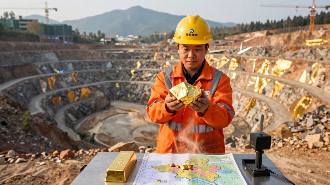 Trabalhador de capacete e roupa laranja segura minério de ouro numa mina a céu aberto em fundo montanhoso.