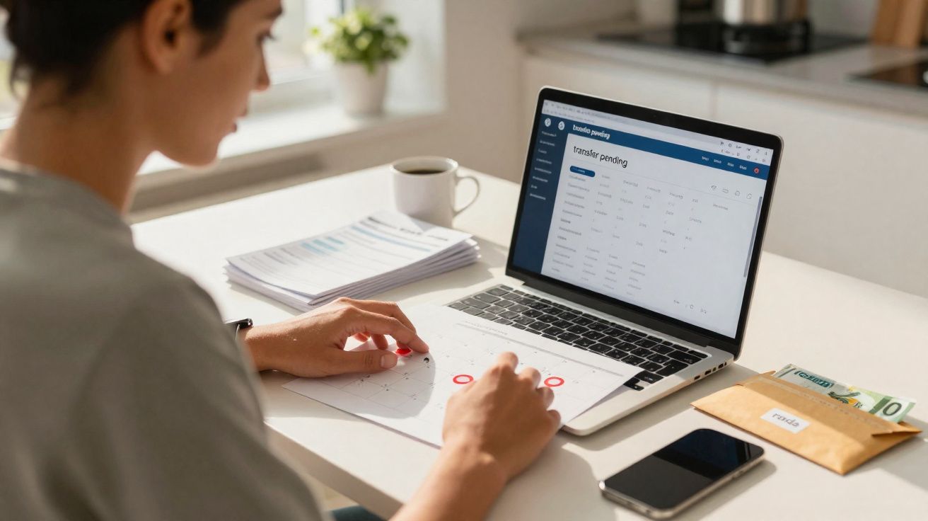 Pessoa a analisar documentos e transferências bancárias num computador portátil numa mesa com telemóvel e envelope de dinheir