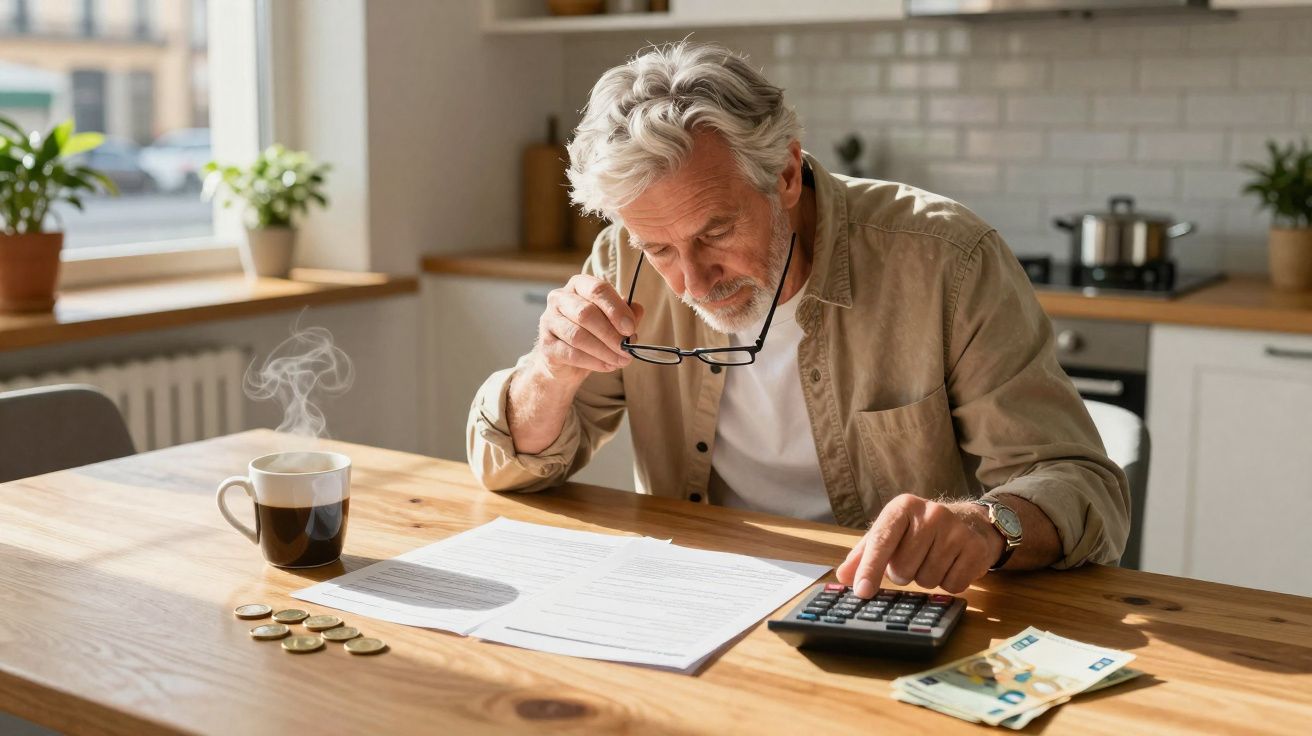 Homem sénior com ar preocupado a calcular contas numa cozinha, com dinheiro e café na mesa.