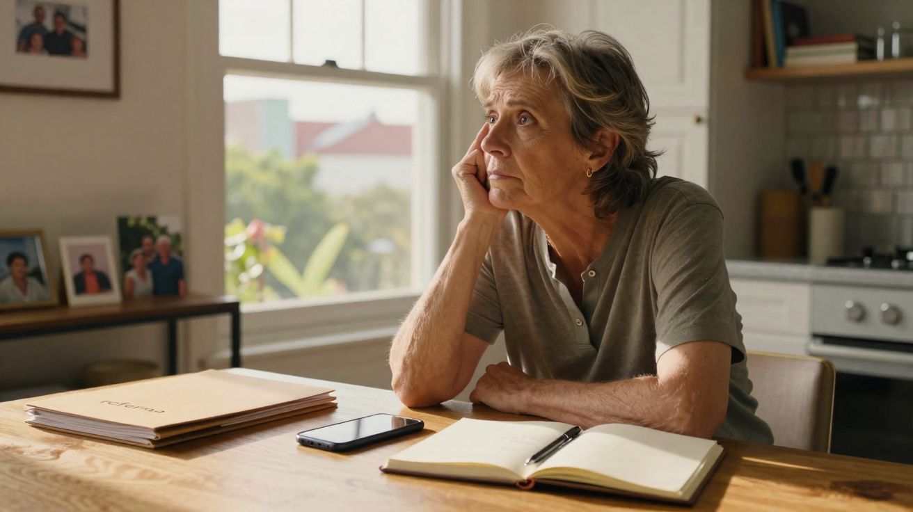 Mulher idosa pensativa sentada à mesa com caderno, telemóvel e pastas numa cozinha iluminada.