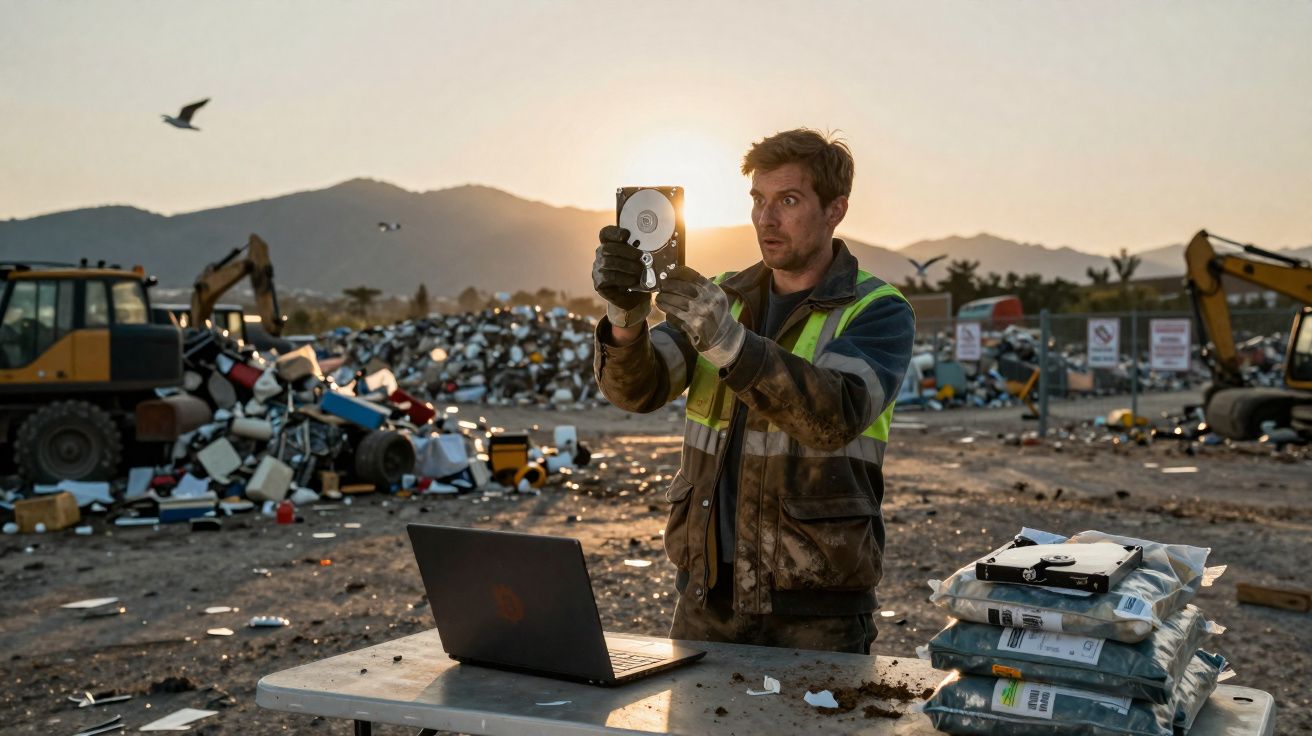 Homem com fato de trabalho e luvas segurando um disco rígido num depósito de resíduos eletrónicos ao pôr do sol.