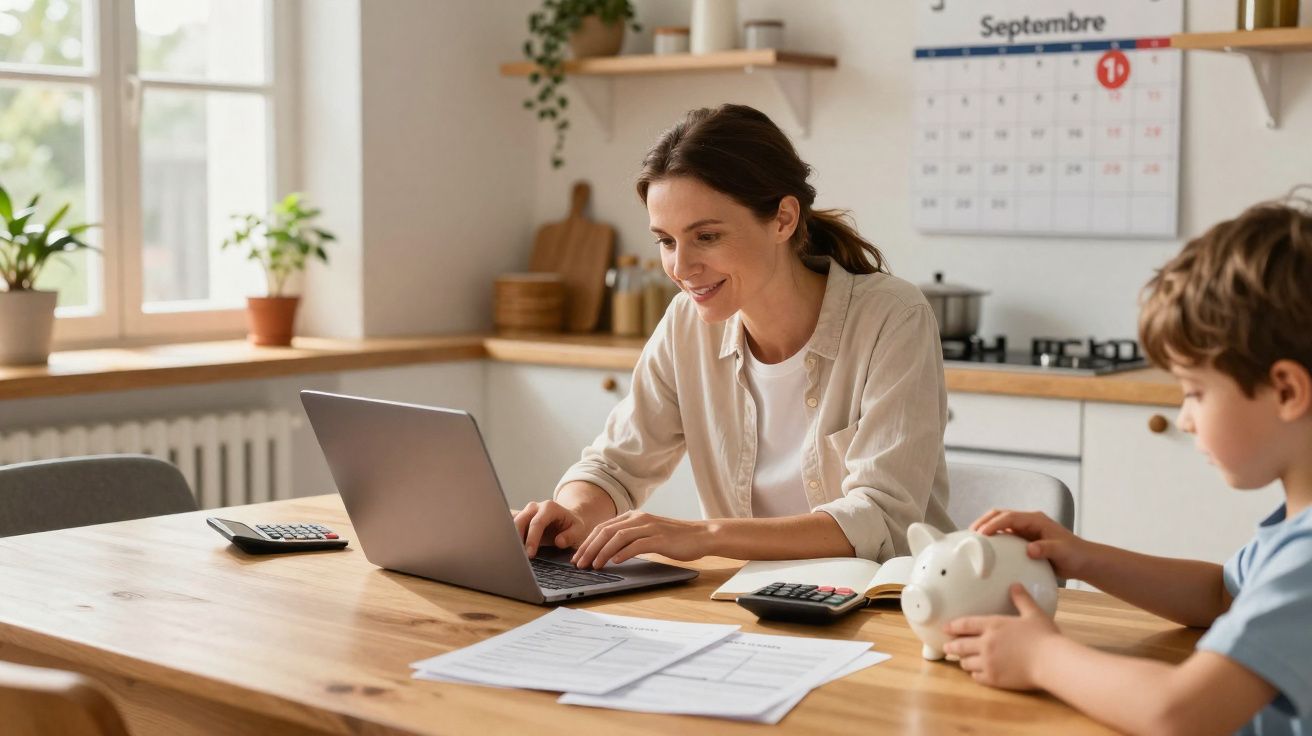 Mulher a trabalhar num portátil enquanto menino segura um mealheiro numa mesa com documentos e calculadoras.