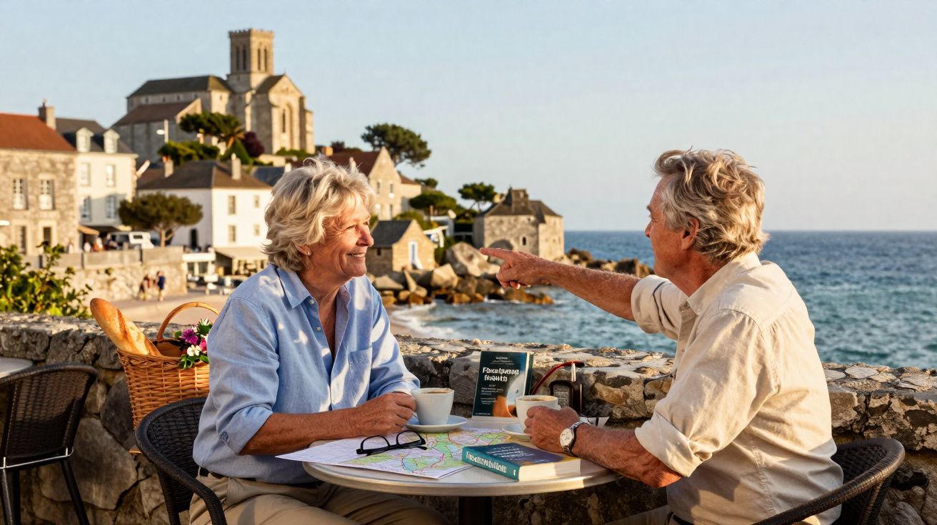 Casal sénior sentado à mesa com livros e café numa esplanada à beira-mar numa vila pitoresca.