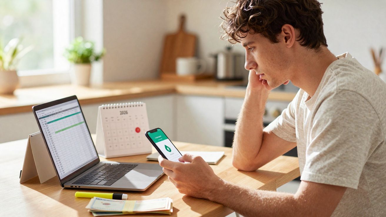 Homem jovem consultando telemóvel e laptop num escritório doméstico com ambiente iluminado.