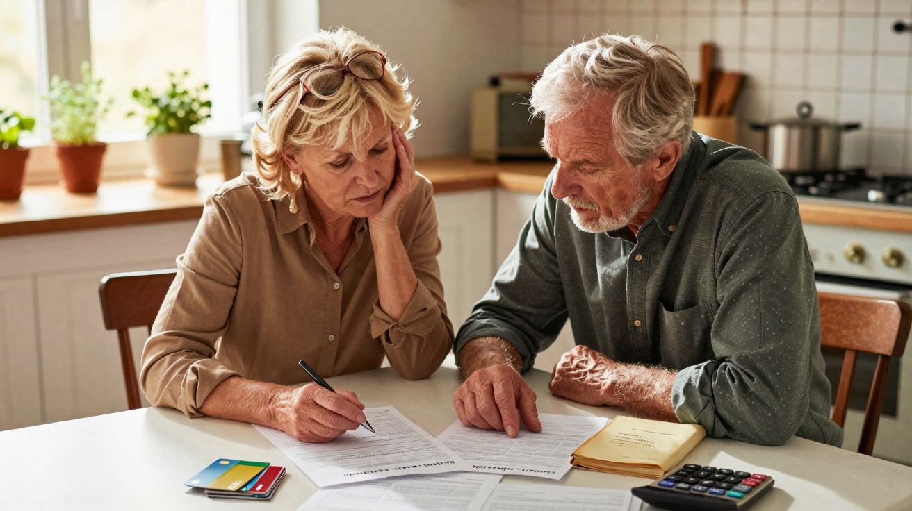 Casal idoso sentado à mesa a analisar documentos e contas, com calculadora e cartões ao lado.