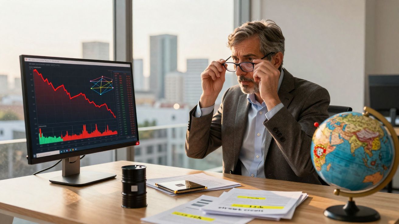 Homem de negócios preocupado ajusta óculos enquanto analisa gráfico descendente no computador.