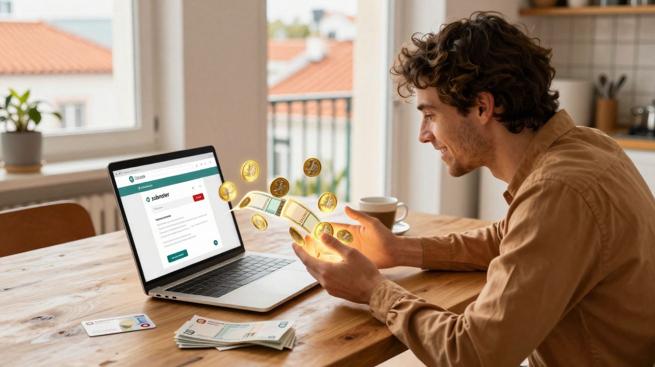 Homem sorridente sentado à mesa com portátil, notas e moedas digitais a flutuar nas suas mãos.