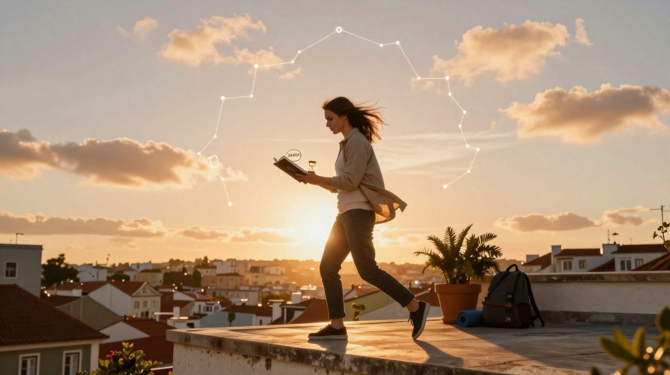 Mulher com livro e copo em terraço ao pôr do sol, com constelação e cidade ao fundo.