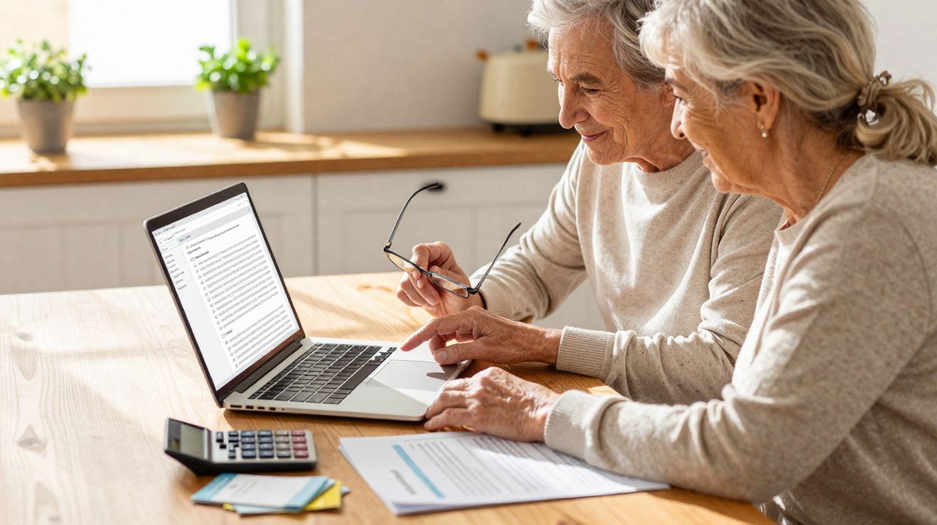 Duas mulheres idosas sentadas à mesa a usar um computador portátil, com documentos e calculadora.