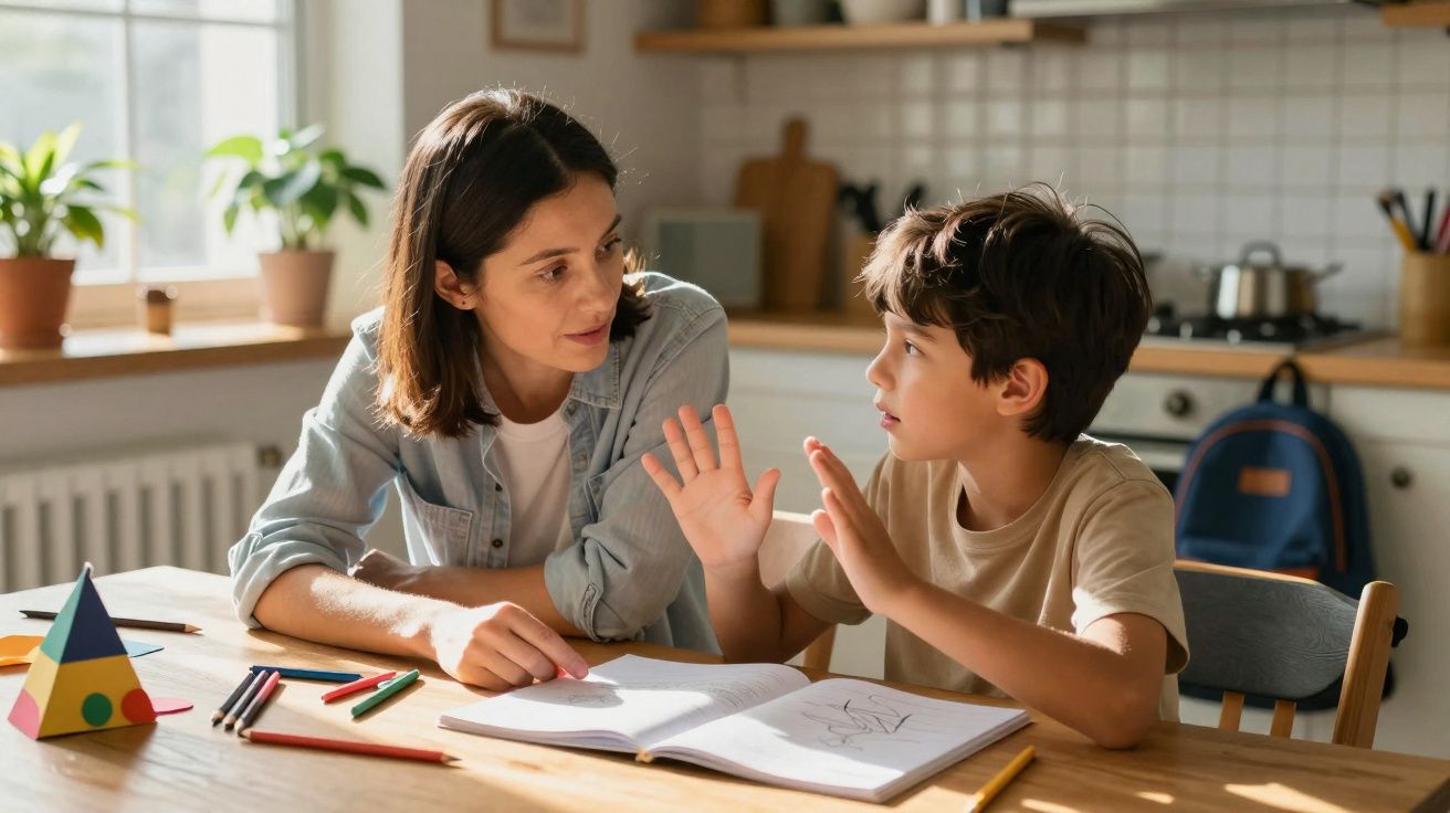 Mulher e menino sentados numa mesa, a estudar e conversar, livros e lápis de cor à frente, cozinha ao fundo.