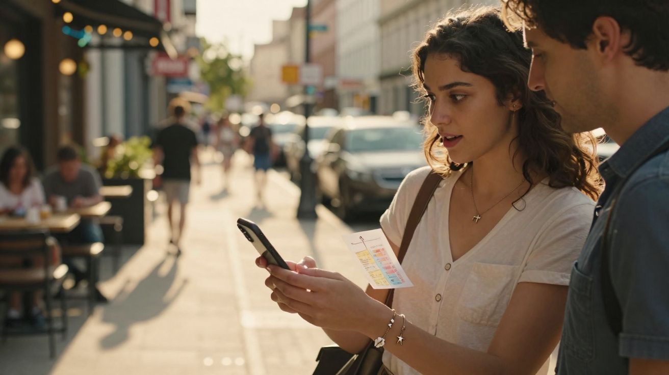 Mulher mostra um papel e usa um telemóvel enquanto conversa com homem numa rua movimentada durante o dia.