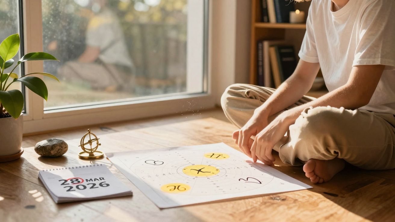 Pessoa sentada no chão junto a calendário, planta e desenho com símbolos astrológicos num ambiente iluminado.