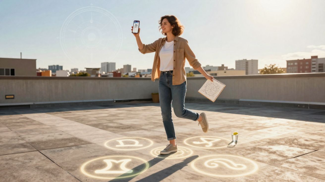 Mulher jovem com desenhos de signos zodiacais iluminados no chão, segurando telemóvel e caderno num terraço.