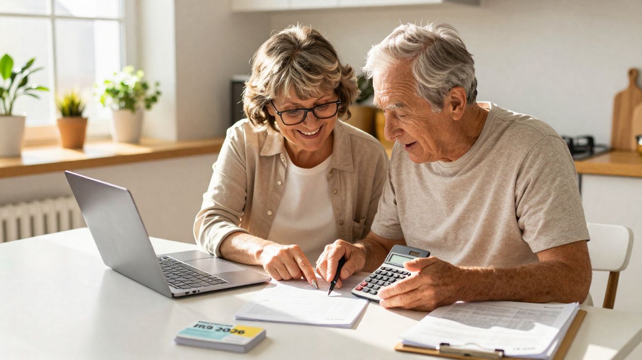 Casal sénior a analisar documentos e a usar calculadora numa cozinha luminosa e moderna.