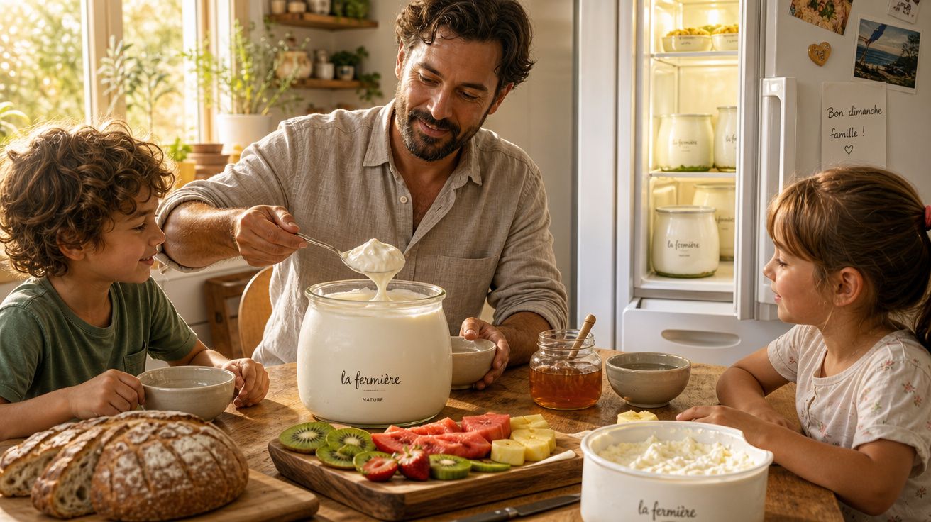 Homem serve iogurte natural para duas crianças numa mesa com pão, frutas, mel e queijo fresco numa cozinha iluminada.