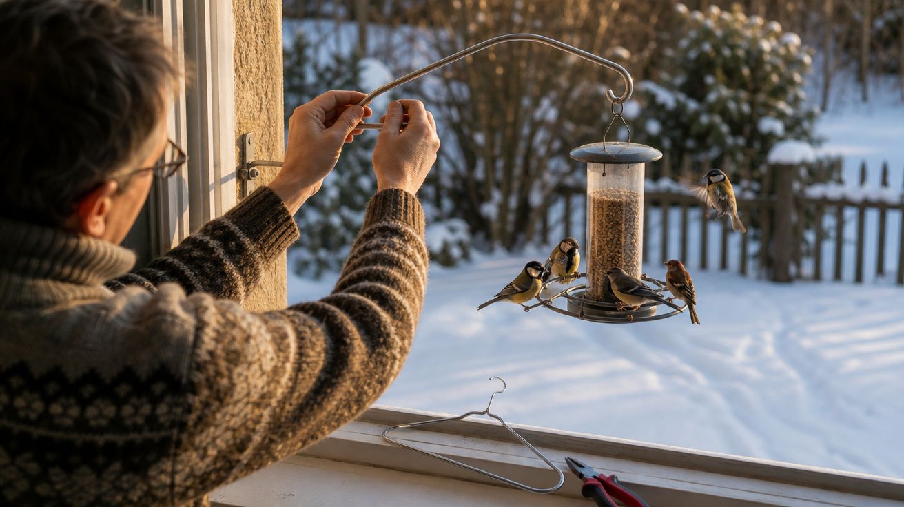Pessoa pendura comedouro com sementes para pássaros no inverno com neve ao fundo.