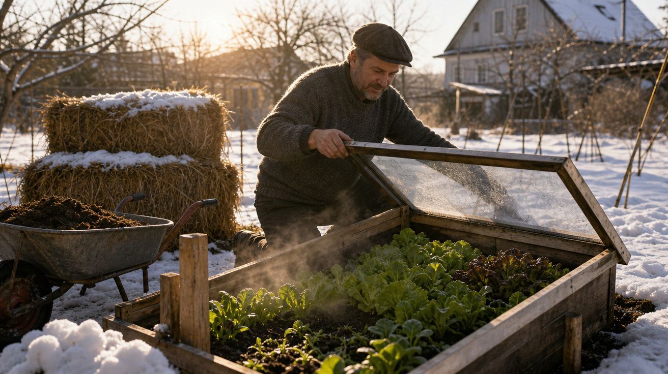 Homem a cultivar legumes numa estufa improvisada numa horta coberta de neve ao entardecer.