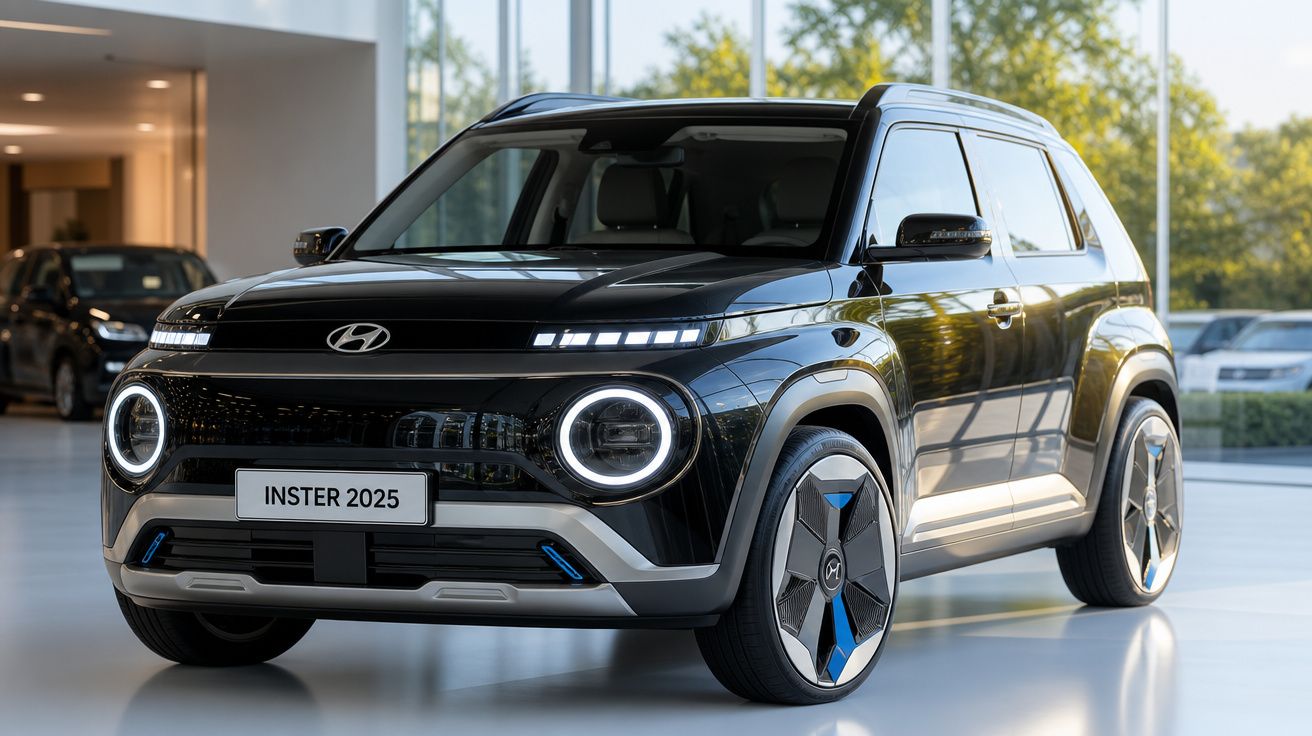 Carro elétrico Hyundai INSTER 2025 preto, com design moderno e faróis circulares, em exposição interior.