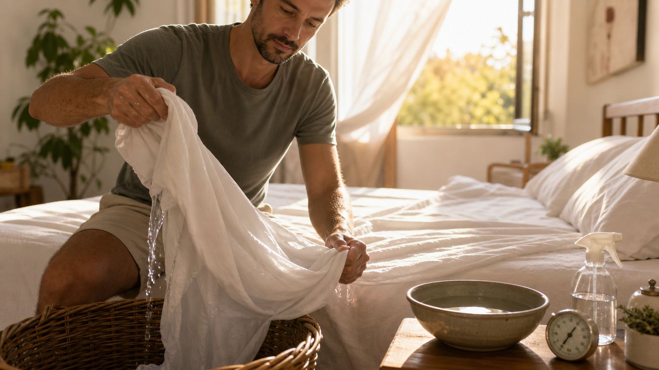 Homem sentado na cama a torcer manualmente um lenço branco sobre um cesto de roupa num quarto iluminado pela luz natural.