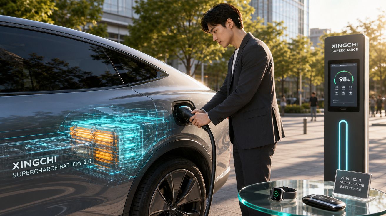 Homem a carregar carro elétrico num posto de carregamento com gráfico da bateria supercharge 2.0 visível.