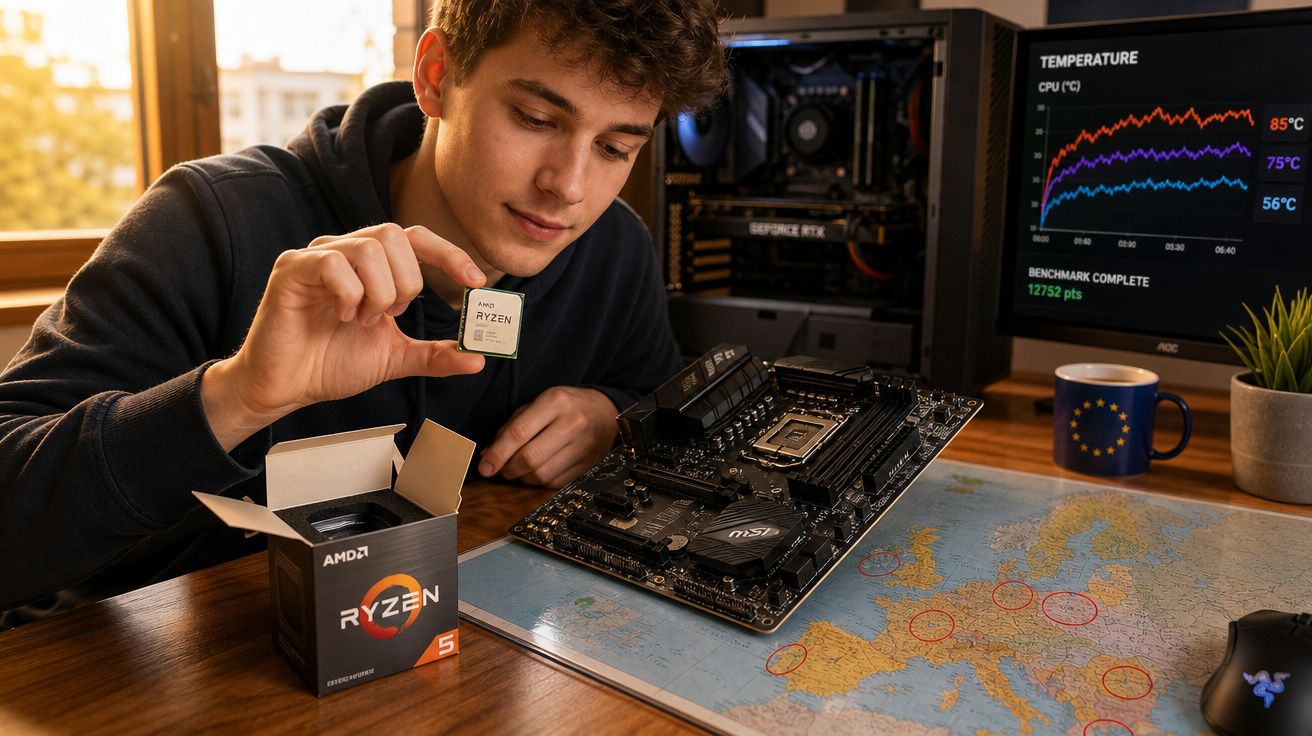 Jovem a instalar processador AMD Ryzen numa motherboard, com computador aberto e gráfico de temperatura ao fundo.