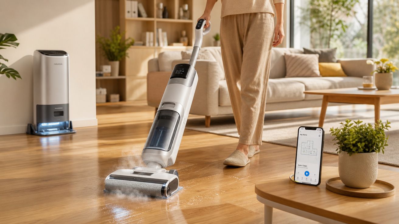 Pessoa a aspirar chão de madeira com aspirador moderno, ao lado de smartphone com aplicação aberta.