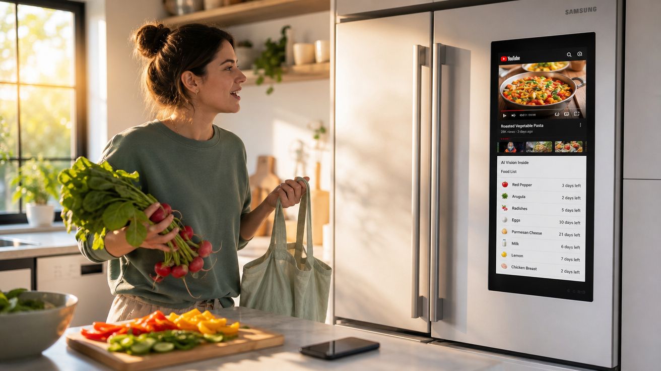 Mulher na cozinha com legumes na mão a seguir uma receita num ecrã digital no frigorífico.