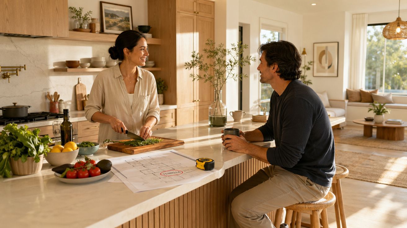 Casal na cozinha moderna, mulher a cortar ervas e homem sentado no balcão a conversar.