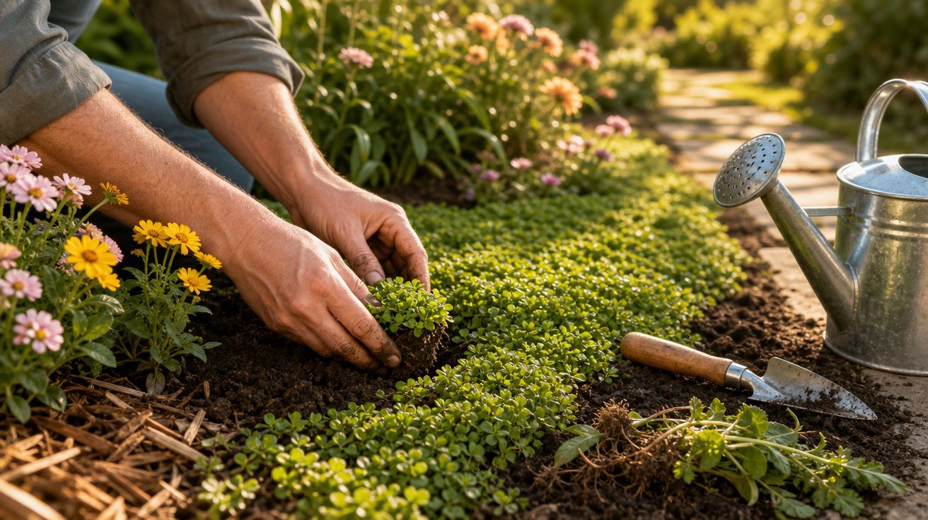 Mãos a plantar uma pequena planta numa cama de terra, com flores ao lado e regador metálico por perto.