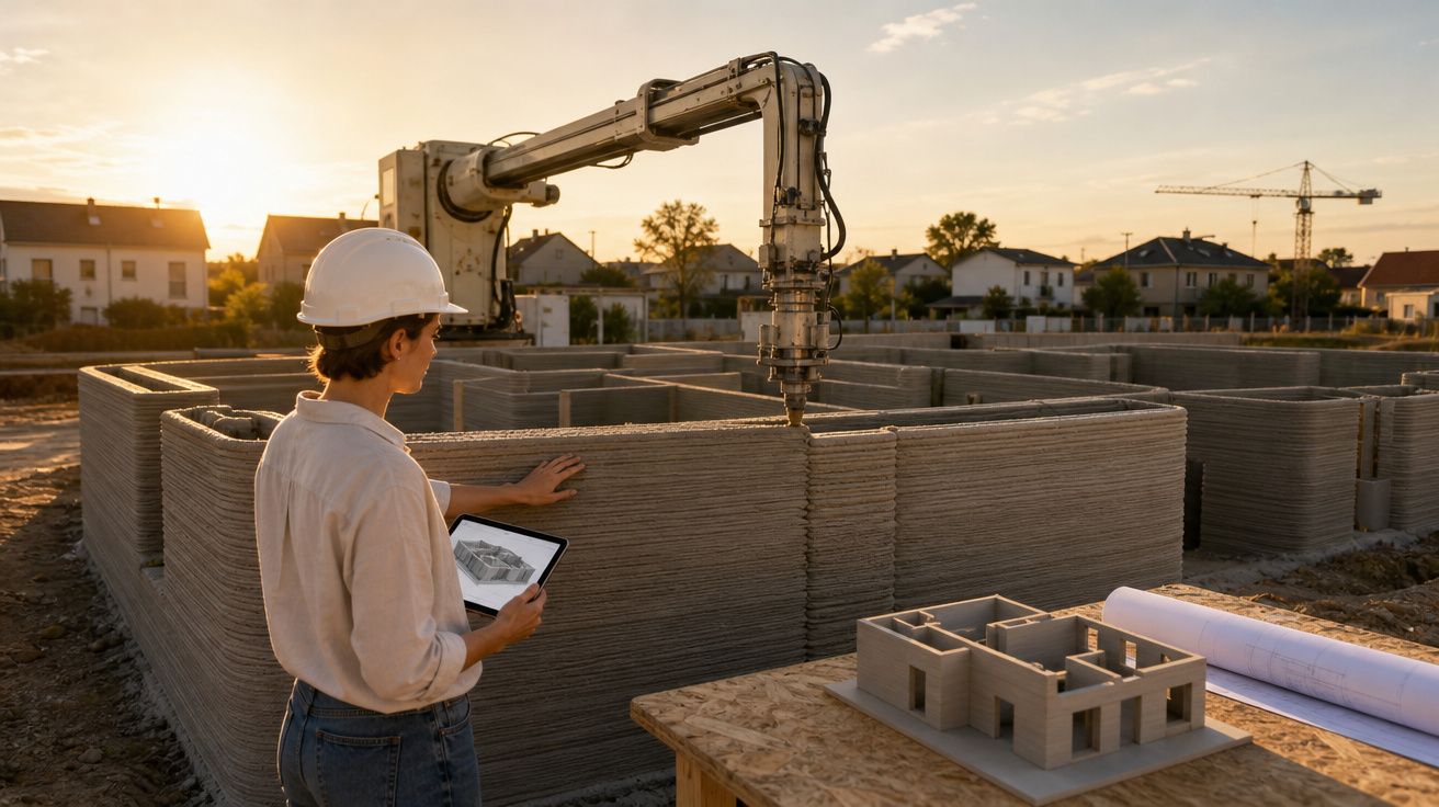 Engenheira com capacete controla construção de casa impressa em 3D usando tablet ao pôr do sol.