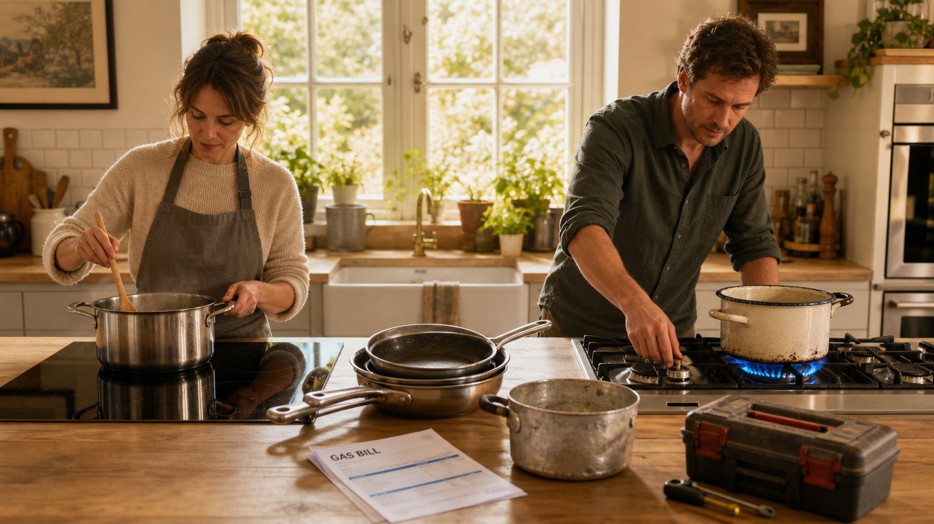 Casal a cozinhar numa cozinha luminosa com vários tachos, faturas e uma caixa de ferramentas na bancada.