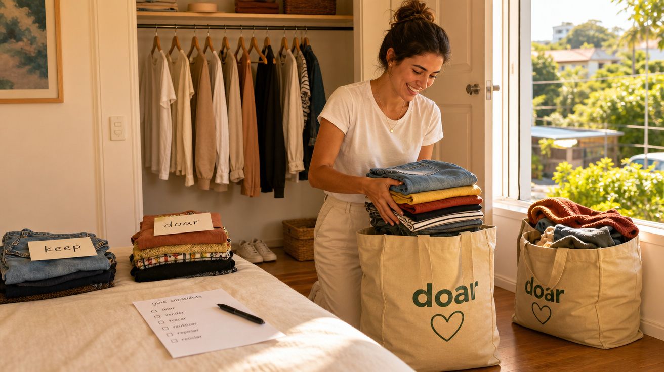 Mulher a organizar roupas para doação numa divisão iluminada com sacos marcados "doar".