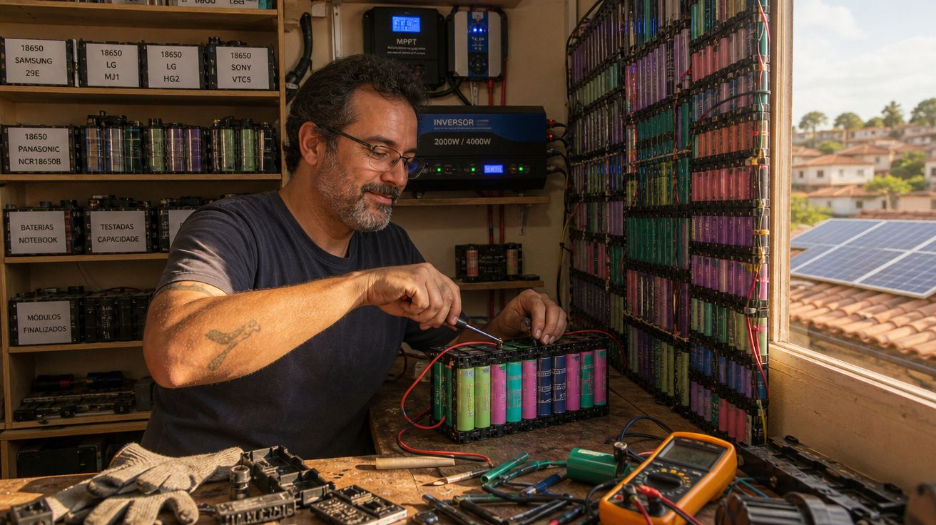 Homem a trabalhar numa bancada com baterias recarregáveis e equipamento eletrónico junto a janela com painéis solares.