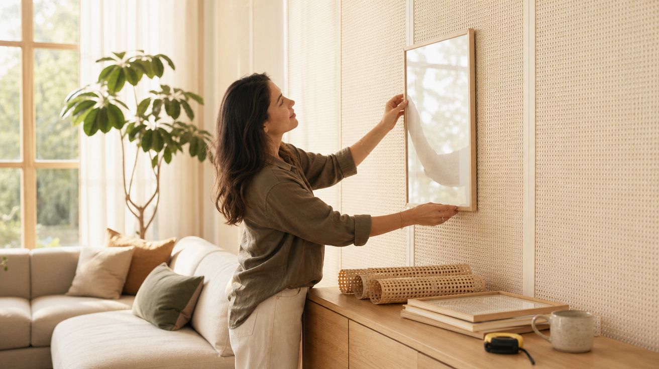 Mulher a pendurar um quadro numa parede de sala de estar luminosa e decorada com móveis de madeira.