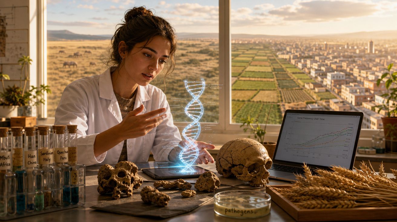 Mulher cientista analisa holograma de DNA em laboratório com crânios, amostras e computador com gráficos.