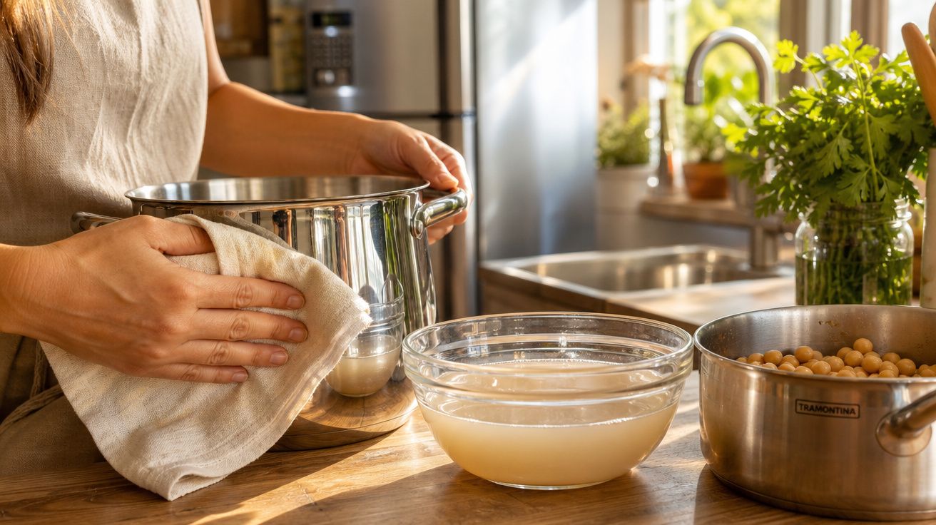Pessoa a limpar uma panela de inox com um pano, ao lado de tigelas com líquido e grão-de-bico na cozinha.