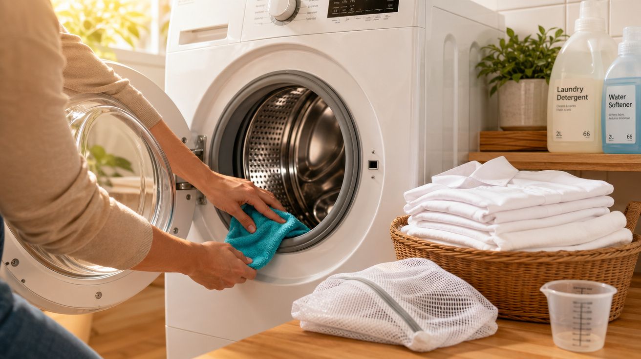 Pessoa a tirar roupa azul da máquina de lavar roupa branca numa lavandaria doméstica organizada.