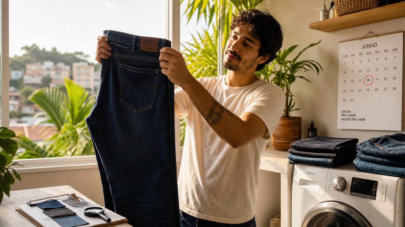 Homem a segurar uma calça de ganga, prestes a dobrar, numa lavandaria com máquina e calendário na parede.